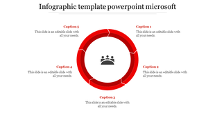 Slide design with a five part circular chart in red tones, featuring a team icon in the center and text around it.