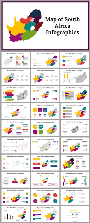 Vibrant slide deck featuring colorful maps of South Africa, paired with data charts and statistics on various regions.