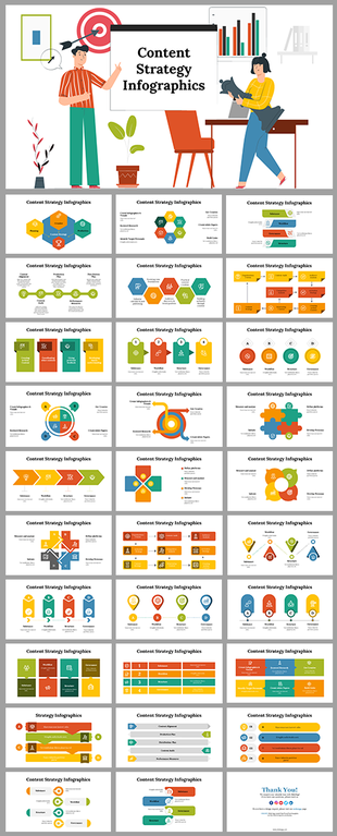 Slide deck featuring vibrant content strategy infographics with hexagonal, circular, and rectangular shapes in bold colors.