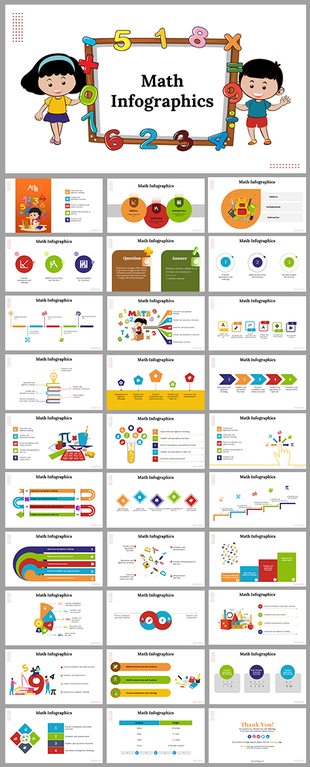 Slide deck with vibrant graphics, showing numbers, math symbols, charts, and diagrams for educational purposes.