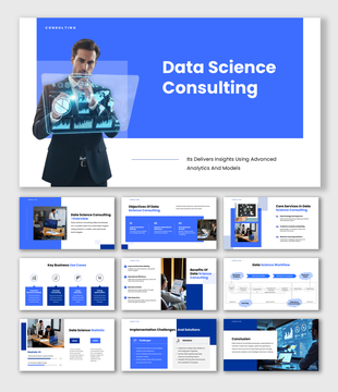 Data Science Consulting presentation with analyst, blue layout, dashboard visuals, charts, and clean text blocks.