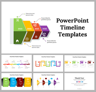 Timeline slide deck with hexagons and rectangles, featuring multiple colors like green, purple, and yellow.