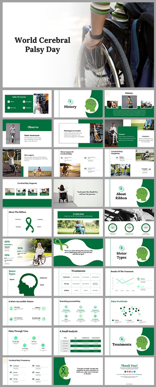 Green and white slide deck with images of individuals in wheelchairs, focusing on cerebral palsy awareness and treatments.