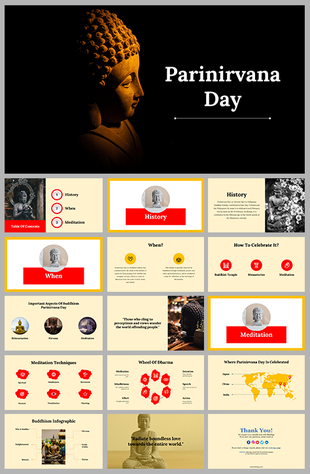 Slide deck about Parinirvana day covering history, celebration methods, and meditation techniques.