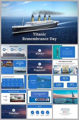 Slide deck showcasing Titanic images and historical details remembering the ship's sinking with oceanic backgrounds.