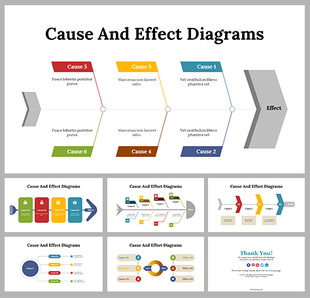 Slide deck featuring various cause and effect diagrams with colorful layouts, labels, and connecting arrows.