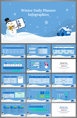 Winter themed slide deck featuring a snowman, snowflakes, and blue tones with infographics for daily planning.