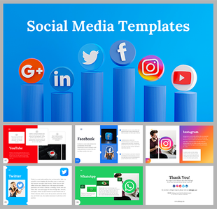 Social media themed slides with blue 3D podiums holding platform logos and individual templates for each social network.