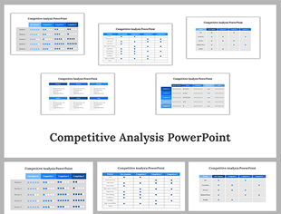 Competitive analysis slides featuring various comparison tables and rating charts for evaluating competitors.