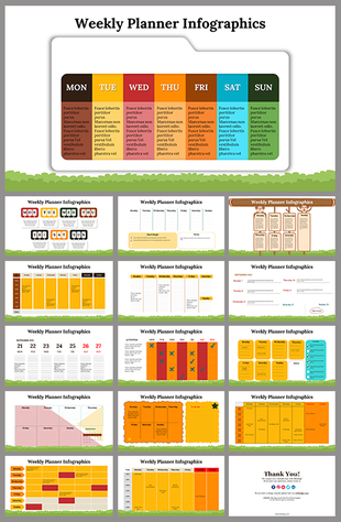 A colorful weekly planner infographic slides with sections for each day of the week, including Monday to Sunday.