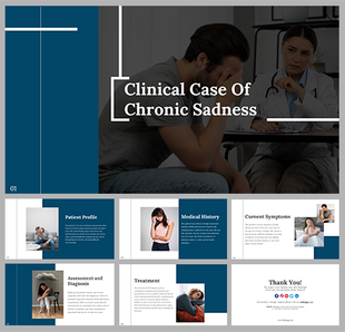 Slide deck with blue rectangular shapes, focusing on clinical case details like patient symptoms and treatment options.