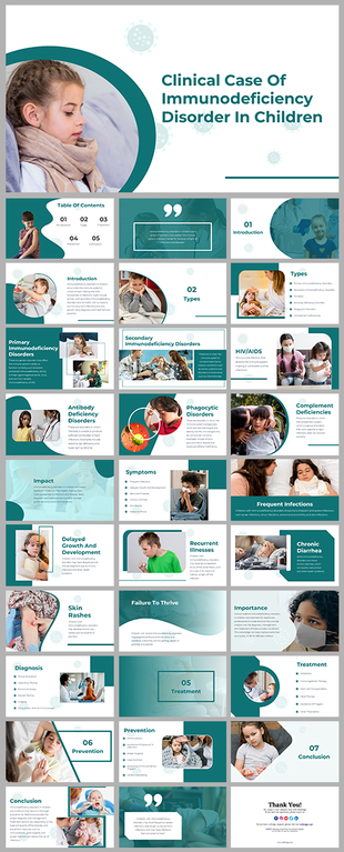 Slides covering immunodeficiency disorders in children, featuring images, icons, and structured information, in teal accents.