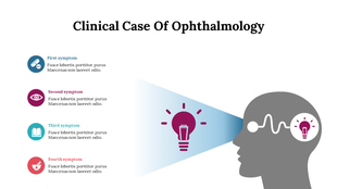 Illustration depicting a patient's head with light symbols, outlining four key symptoms of the ophthalmological condition.