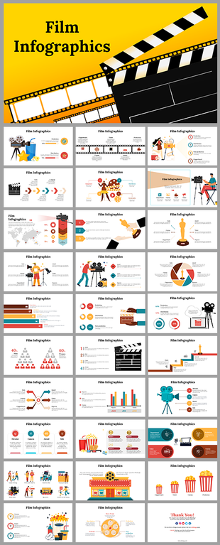 Slide deck with film-themed infographics with various layouts, featuring icons, charts, and bright, bold visuals.