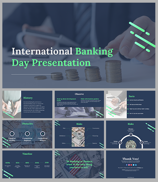 Professional slide deck for International Banking day, showcasing history, obstacles, risks, and key banking facts.