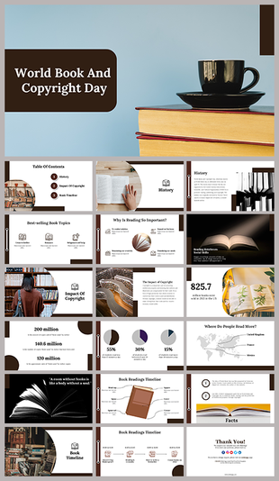 World book and copyright day slide deck on copyright history, reading trends, book topics, and the significance of reading.