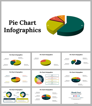 Slide deck showcasing various pie chart infographics in different colors and sections for data visualization.