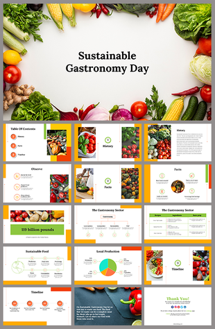 Slide deck on sustainable gastronomy day with images of vegetables, food facts, timelines, and colorful charts.