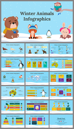 Winter Animals Infographics slides featuring illustrations with snowy blue backgrounds and icons with text descriptions.
