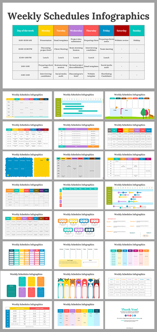 Weekly schedules infographic slides showcasing color coded time blocks for each day of the week with task lists.
