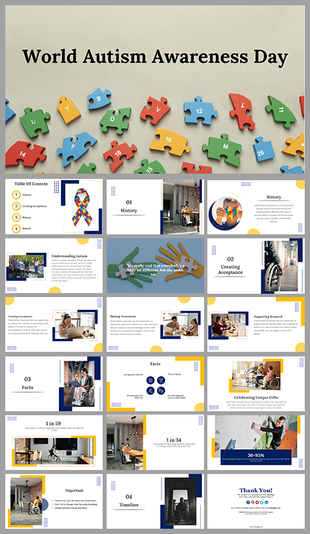World Autism Awareness day slides with colorful puzzle pieces and sections on history, acceptance, and facts.