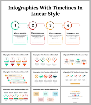 Slide deck featuring linear style timelines, using vibrant colors and circular shapes to display sequential steps.