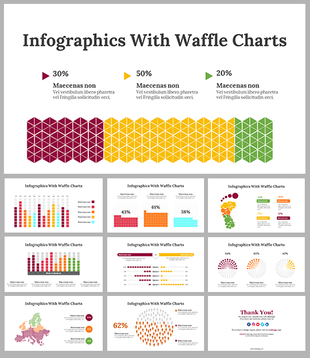 Set of infographic slides with waffle charts in various colors, highlighting data using hexagon patterns and text.