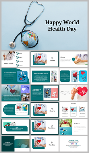World health day slide deck with stethoscope imagery, medical icons, and educational content in a clean format.