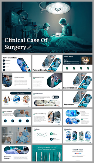 Clinical case of surgery pack of slides taking place under bright operating lights,  with descriptions about the diagnosis.