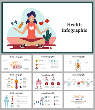 Health infographic slides featuring a meditating woman, human anatomy diagrams, percentage charts, and fitness visuals.