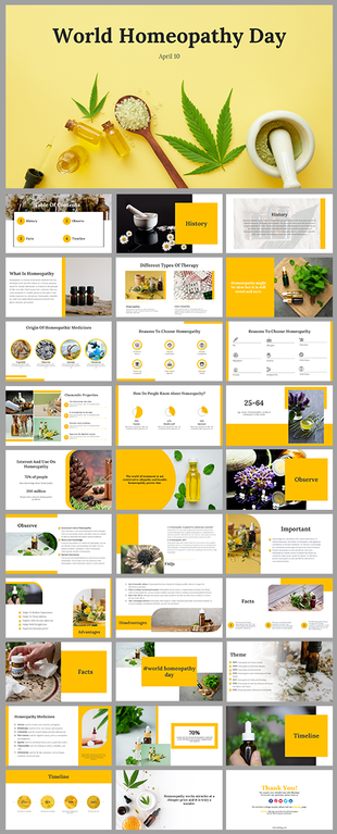 World Homeopathy day slides featuring a yellow theme, highlighting many sections like history, facts, and the importance.