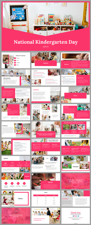 Slide deck for national kindergarten day, featuring a classroom setup with educational materials and toys.