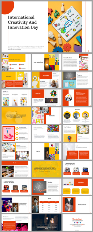 Colorful slide deck celebrating international creativity and innovation day with many sections in colorful layout designs.