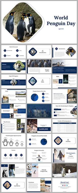 World penguin day, slide deck showcasing penguin species, habitats, threats, and conservation steps.