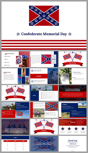 Confederate Memorial Day slide deck showing sections on history, symbolism, traditions, and controversial aspects.