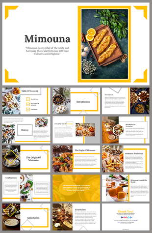 Mimouna slides featuring vibrant images of traditional foods, in yellow accented design, and content on cultural traditions.