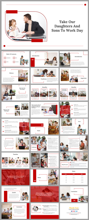 Slide deck for take our daughters and sons to work day, featuring content sections with red accents and family images.