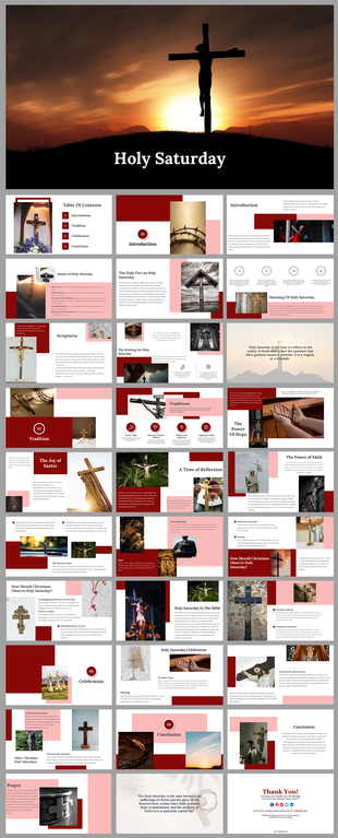 Holy Saturday slide deck featuring crosses, serene landscapes, and religious imagery, using red and pink tones.