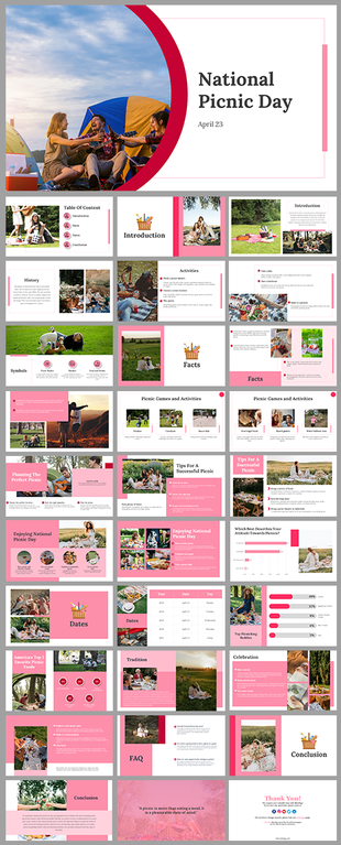 Slide deck showcasing activities, history, and tips for national picnic day, with a vibrant pink color scheme.