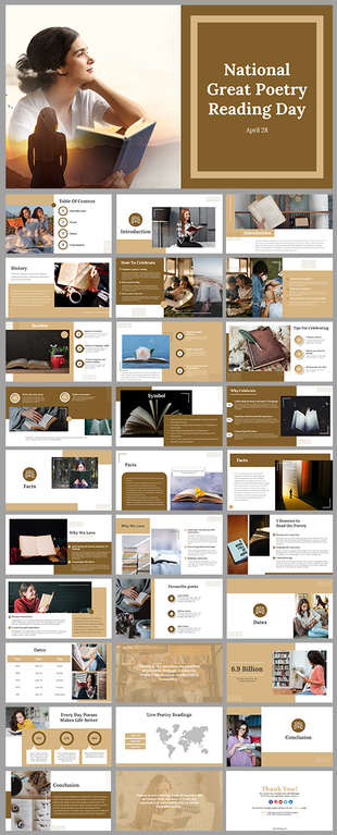 National Great Poetry Reading day PowerPoint featuring a gold and beige design with slides on history and benefits.