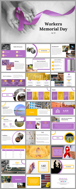 A Workers Memorial day slide deck featuring purple and yellow design elements with information about history and statistics.