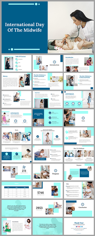International day of the midwife slides featuring various related topics and images with text descriptions.