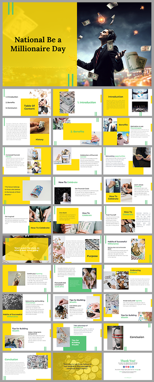 National Be a Millionaire Day slides cover the history, benefits, and habits of successful millionaires on a yellow theme.