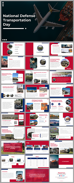 Slide deck with military transport visuals, and placeholders covering purpose, industry challenges, and timeline.