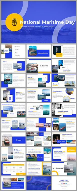 National maritime day, slide deck highlighting various maritime images, blue and yellow themed text boxes. 