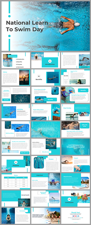 National Learn to Swim Day slide deck with blue water visuals, swim activity images, and placeholder text areas.