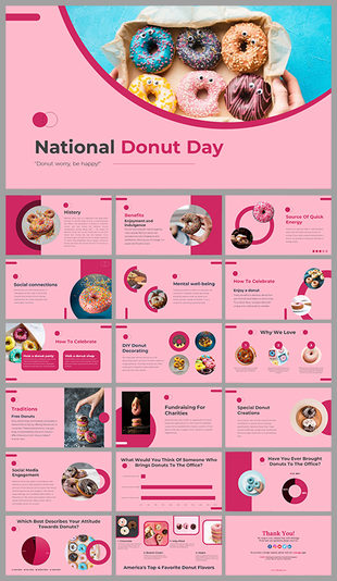 Slide deck with pink highlights featuring images of donuts, health benefits, energy sources, and celebration ideas.