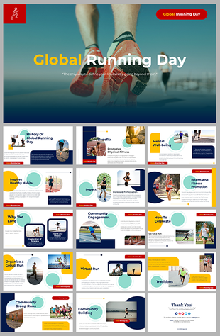 Global running day, featuring sections on its history, benefits, mental well being, and how to celebrate.