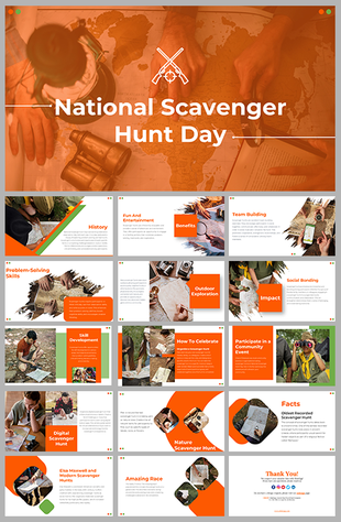 Orange theme national scavenger hunt day slides showcasing activities, benefits, and engaging images and text.