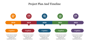 A project plan and timeline slide with color coded years from 2018 to 2022, each year marked with icons and captions.